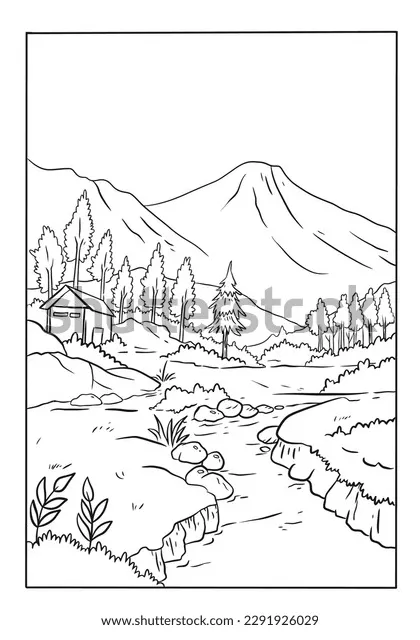Coloring page mountain scene river house stock vector