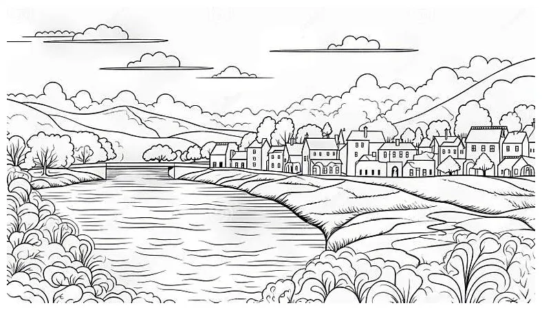 Scenic river coloring page in graphic black outlines stock illustration