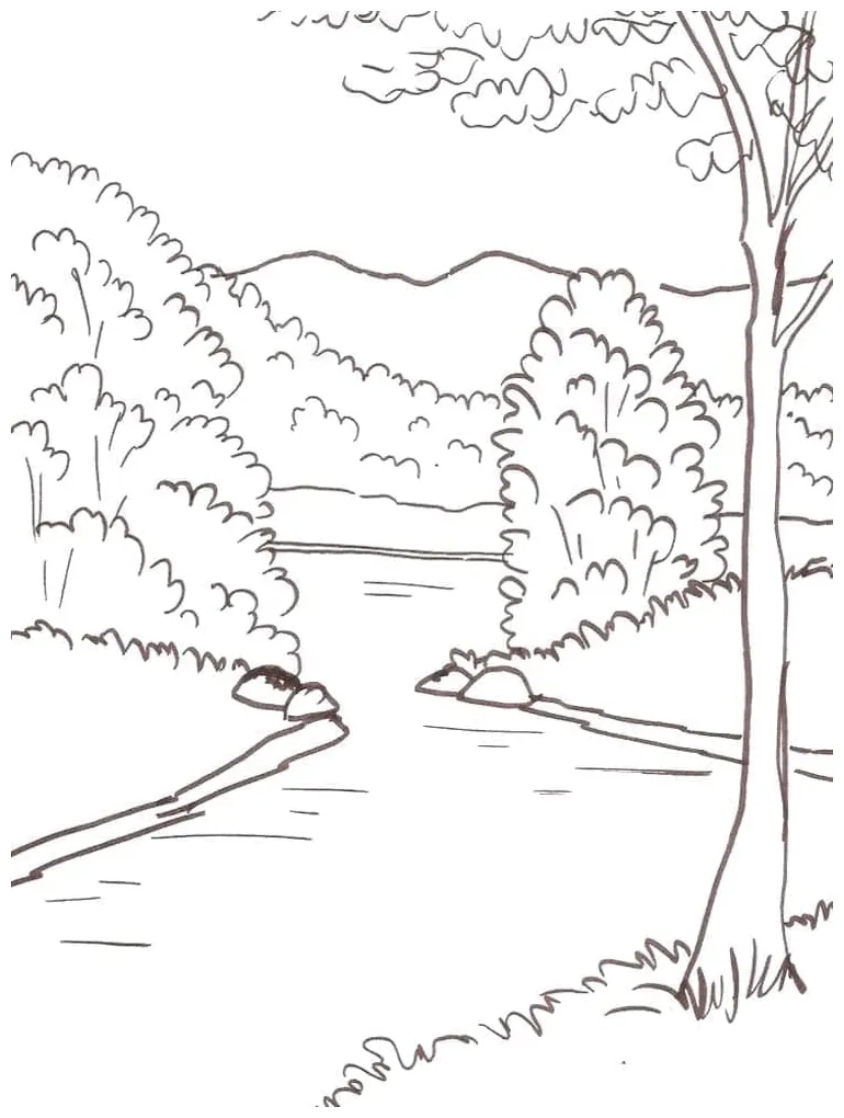 River landscape coloring page download, print or color online for free