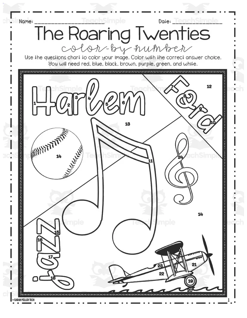 The roaring twenties color by number by teach simple