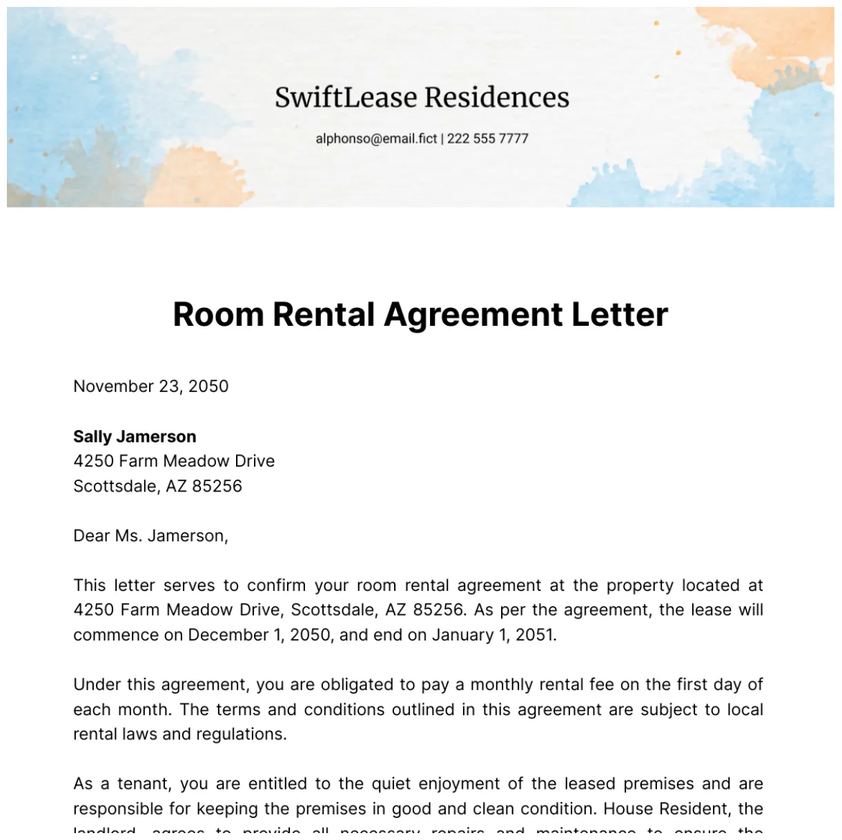 Free Room Rental Agreement Letter Template to Edit Online