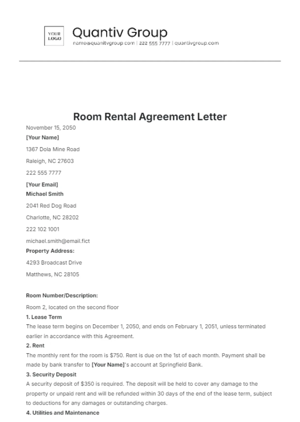 Free Room Rental Agreement Letter Template to Edit Online