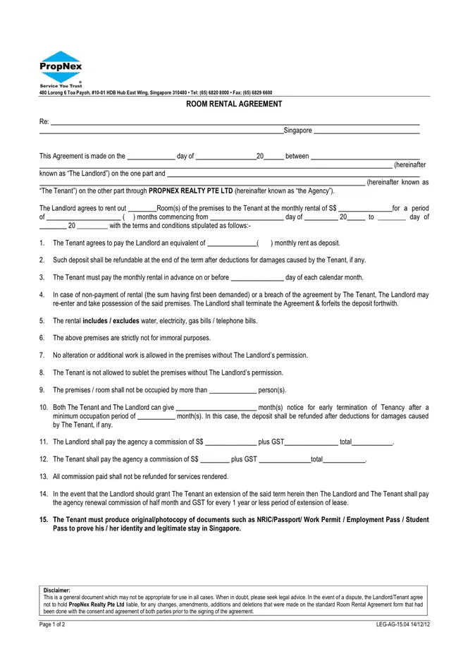 Room Rental Agreement in Word and Pdf formats