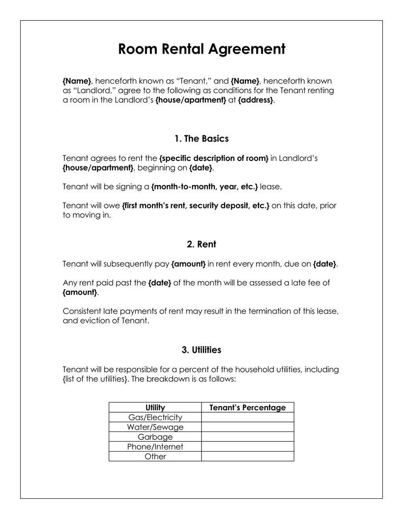 Printable Room Rental Agreement