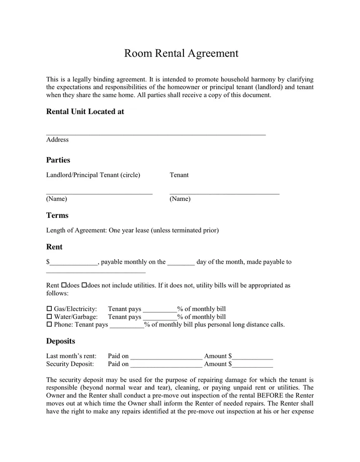 Room Rental Agreement in Word and Pdf formats