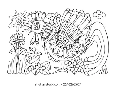 Coloring page rustic rooster crowing dawn stock vector