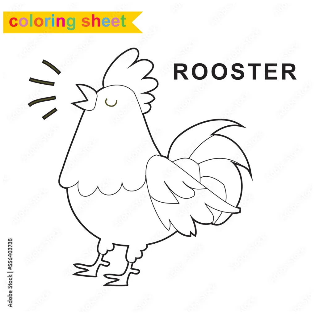 Cute farm animal coloring page. cute and funny rooster crowing cartoon