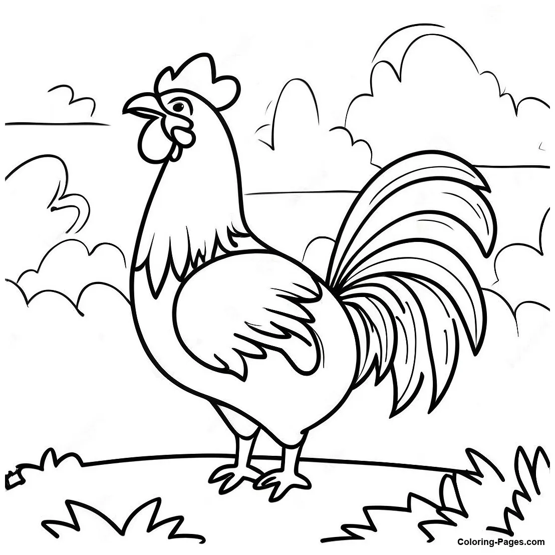 Majestic rooster crowing at sunrise coloring page coloring-pages