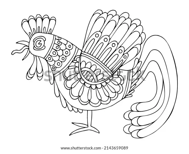 Coloring page rustic rooster crowing dawn stock vector