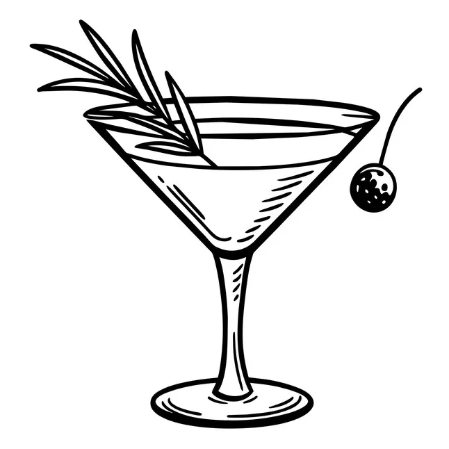 Black and white coloring page martini with cherries and a sprig of
