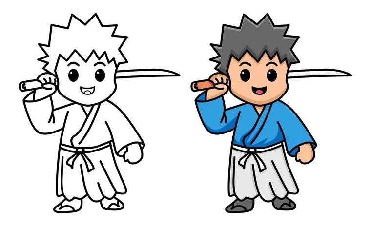 Premium vector samurai holding sword coloring page for kids