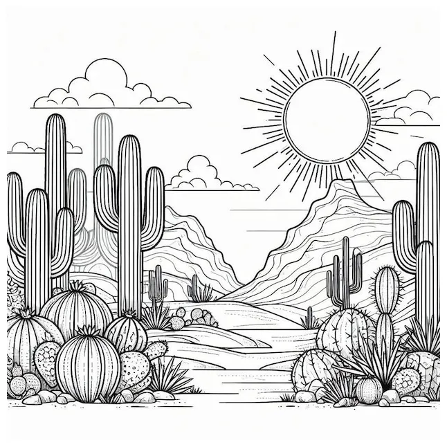 A desert landscape with towering cacti sand dunes and a setting sun