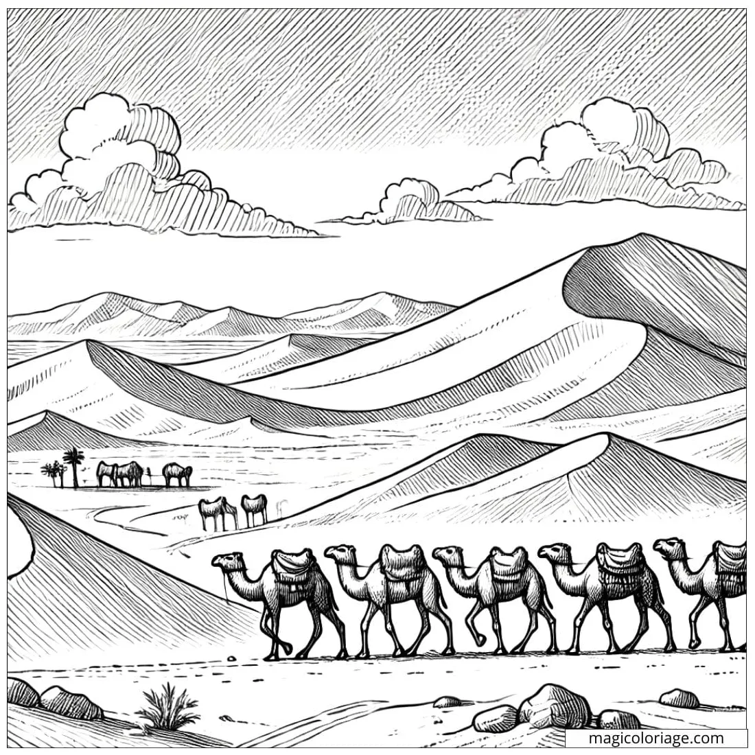 Desert landscape coloring page with sand dunes to print