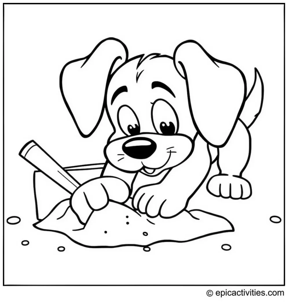 Coloring page of a cartoon dog digging in a sandbox epicactivities