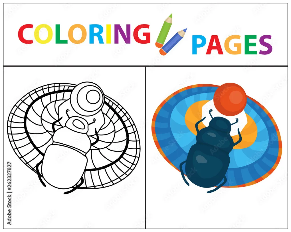 Coloring book page. scarab beetle. sketch outline and color version