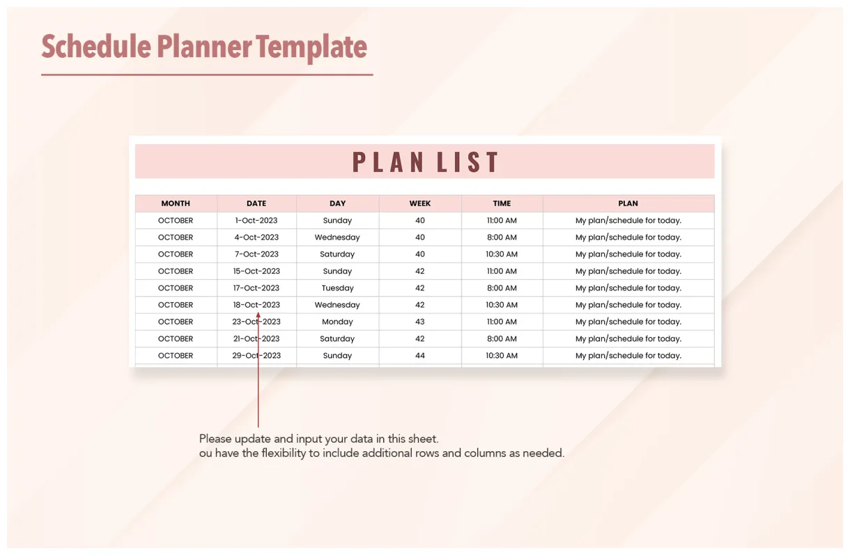 Schedule Planner Template in Excel, Google Sheets - Download | Template.net