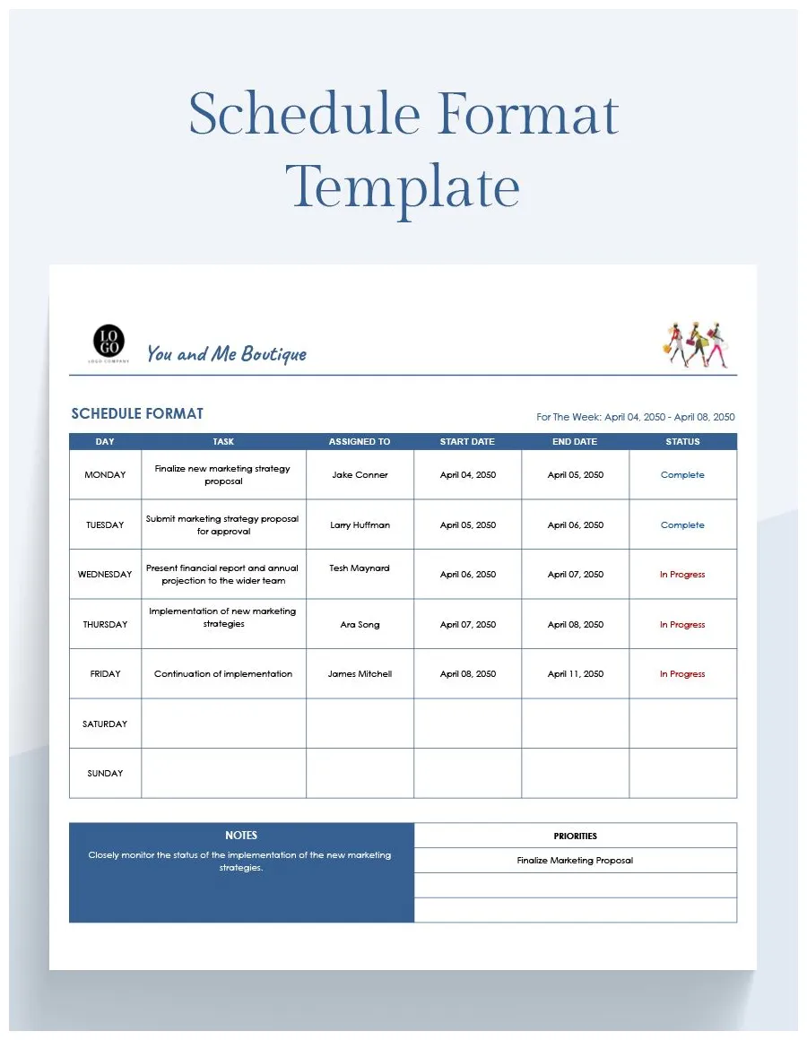 Schedule Format Template in Excel, Adobe XD, Google Sheets - Download