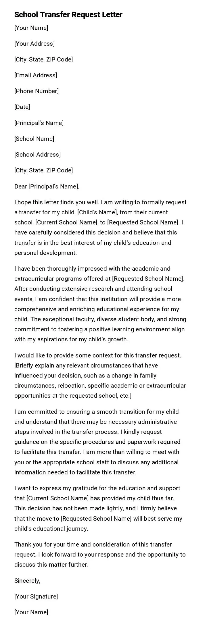 School transfer request letter