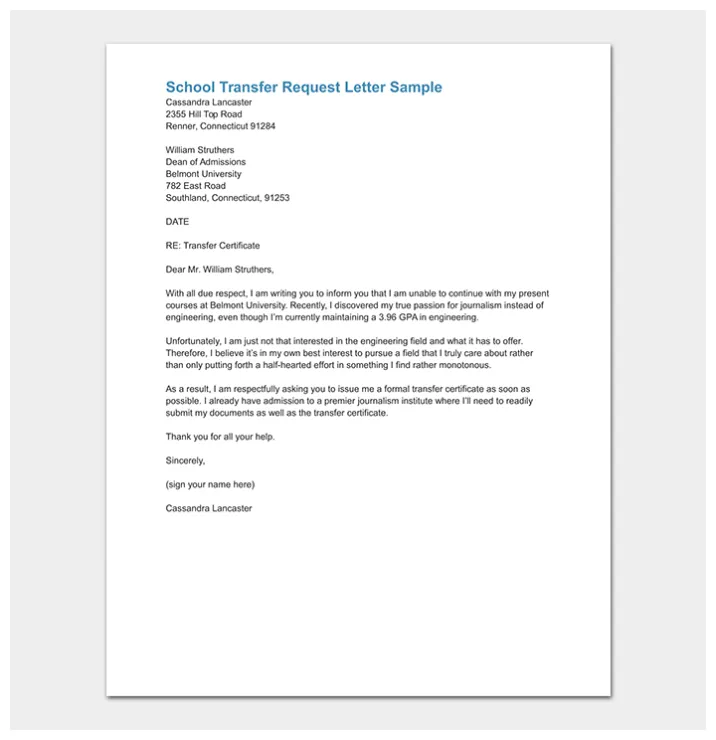 23+ school transfer letter free sample and format