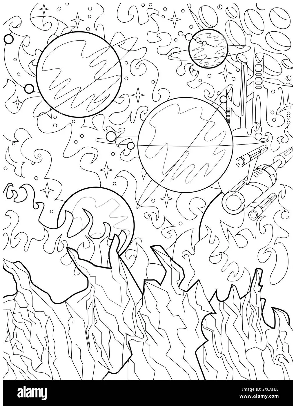 Retro sci fi coloring page illustration with space landscape, alien printable coloring page