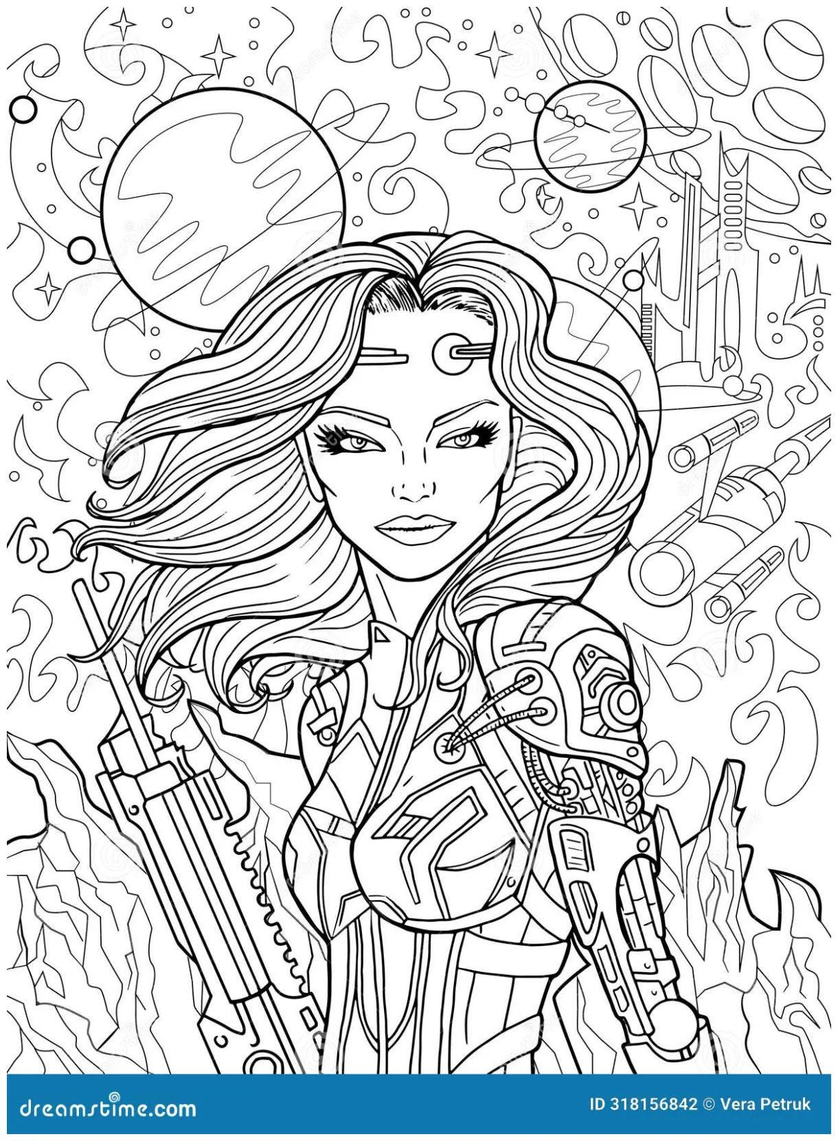 Retro sci fi coloring page illustration with beautiful astronaut woman