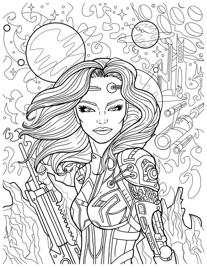 Retro sci fi coloring page illustration with beautiful astronaut woman