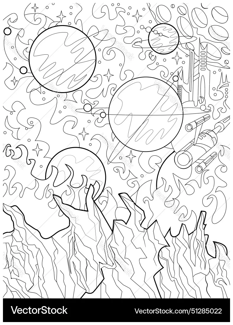 Retro sci fi coloring page with space vector