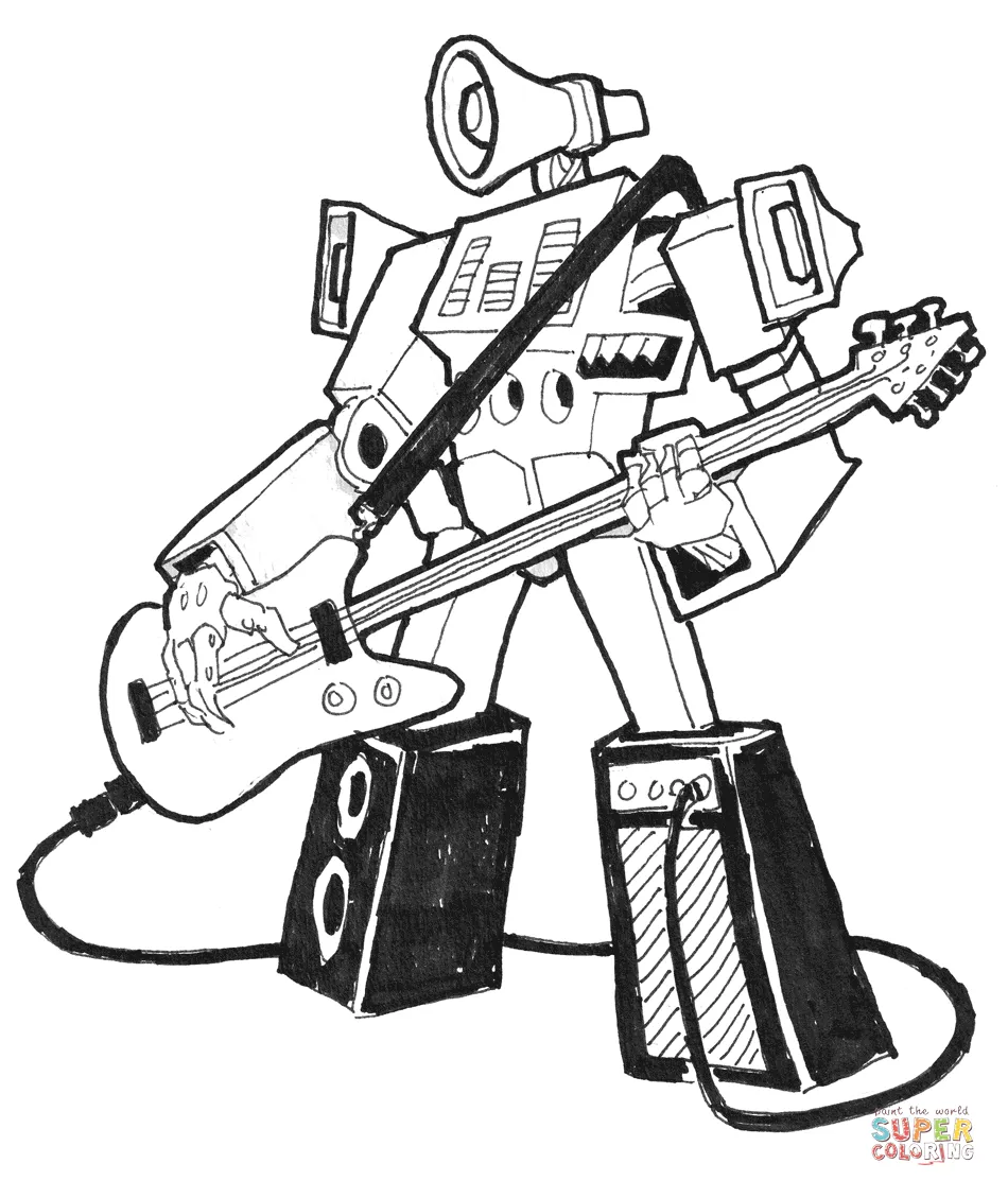 Sci-fi robot guitarist coloring page free printable coloring pages