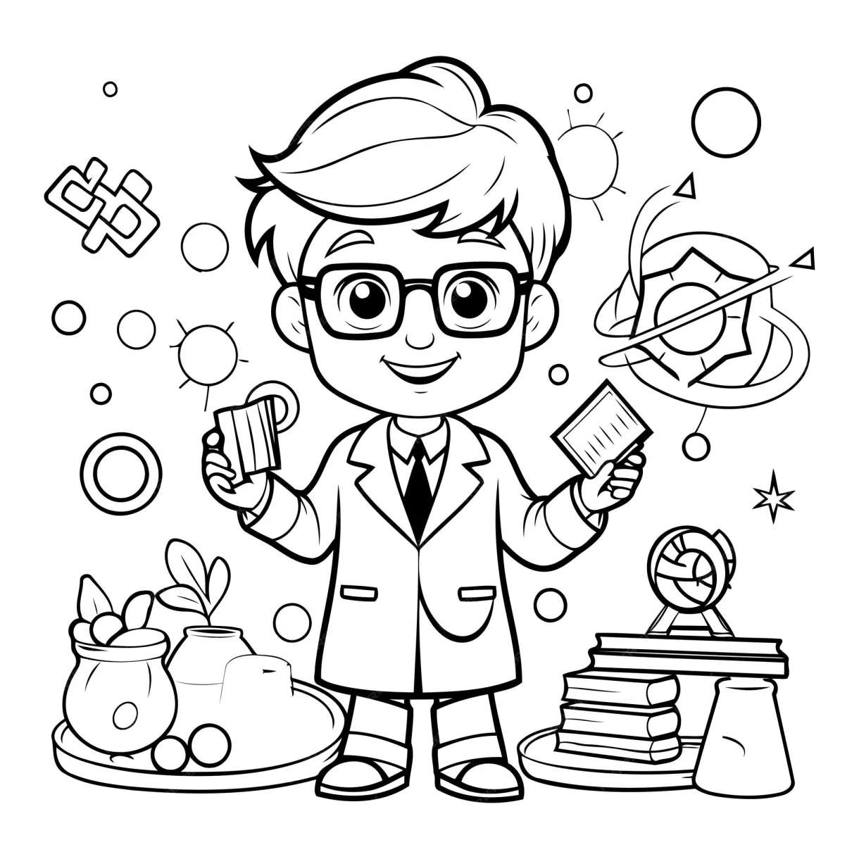 Premium vector coloring page outline of a kid boy scientist or