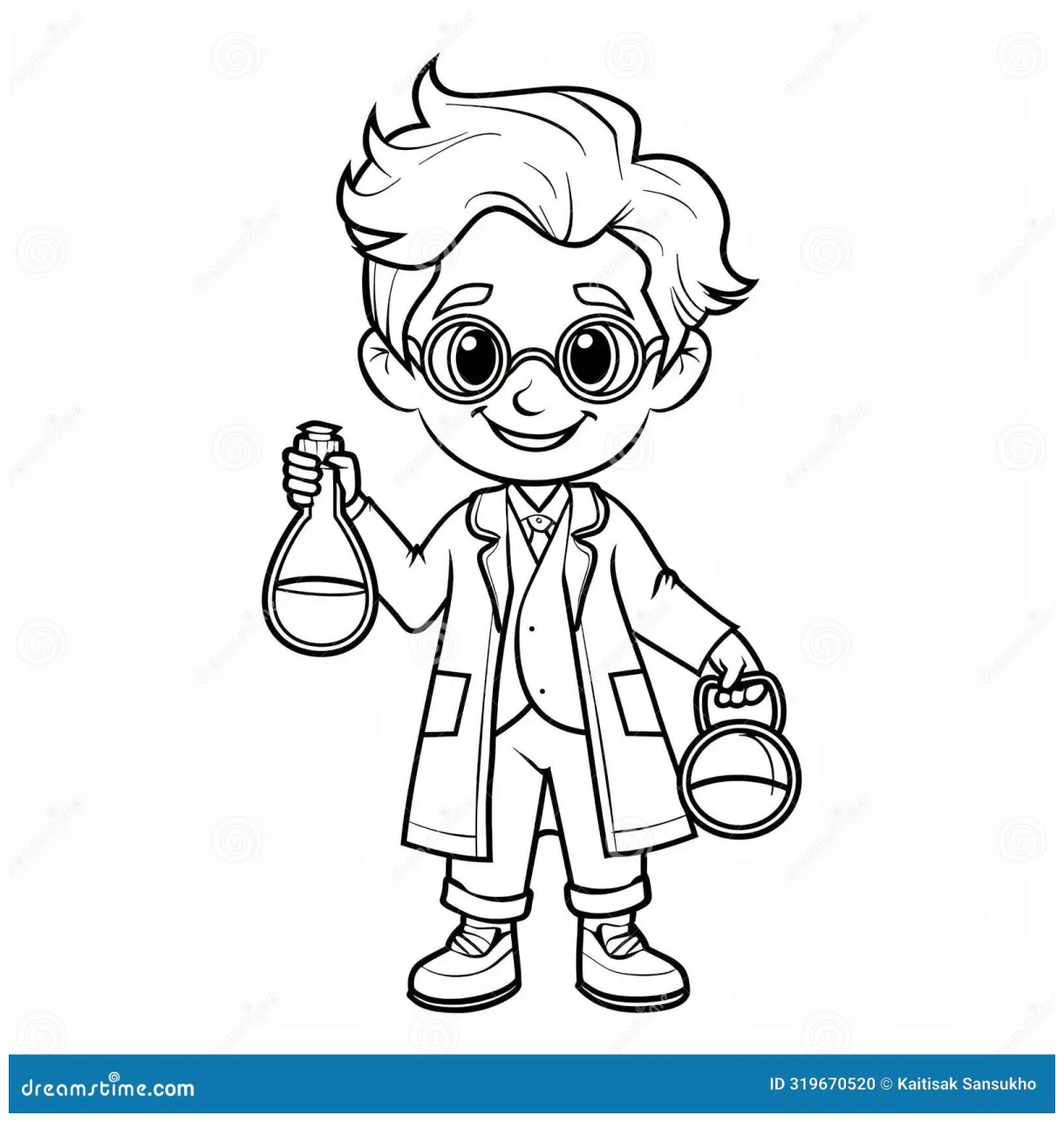 Little Scientist. Coloring Page for Kids Stock Illustration