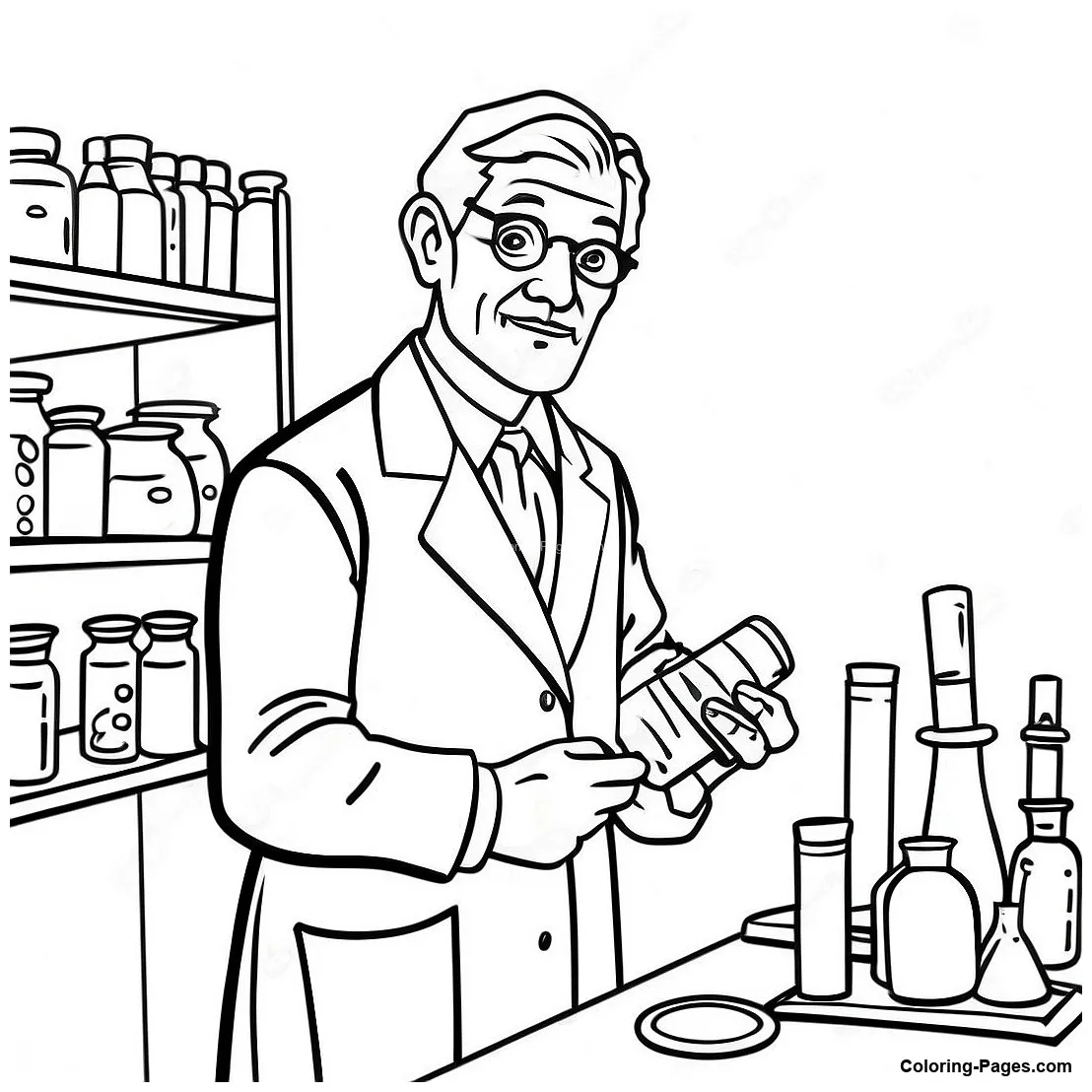 Curious Scientist In Lab Coat Coloring Page | Coloring-Pages.com