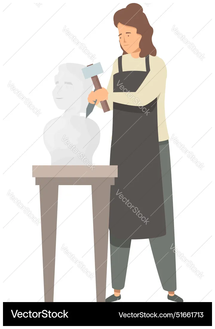 Female sculptor chiseling stone bust with mallet vector