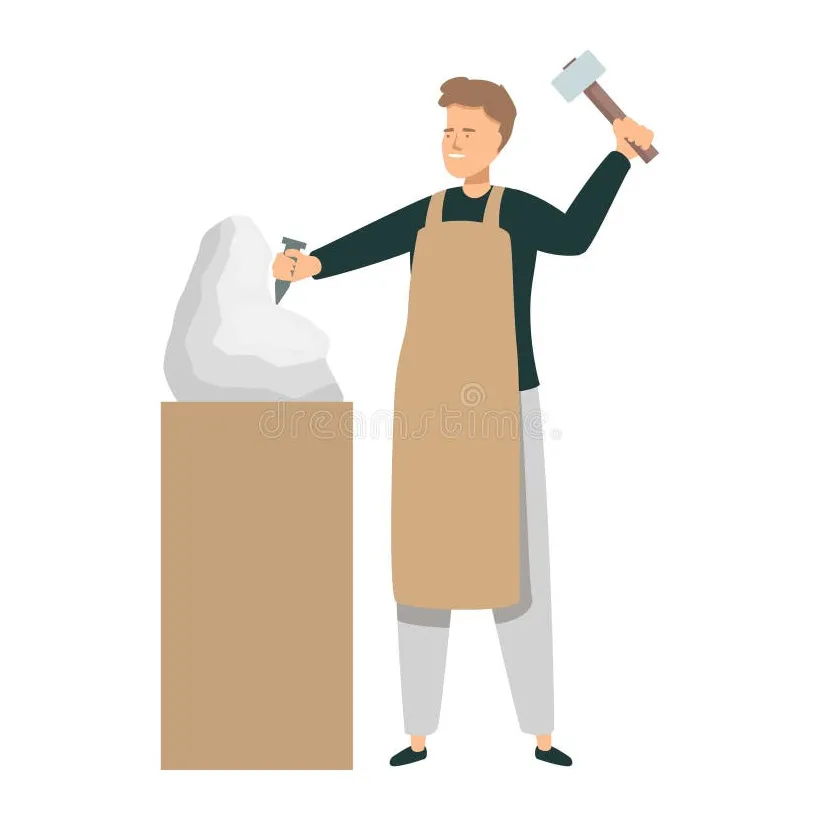 Sculptor is chiseling a stone block with a hammer and chisel stock