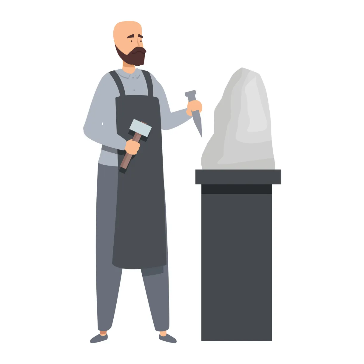 Sculptor chiseling stone block creating sculpture with mallet and