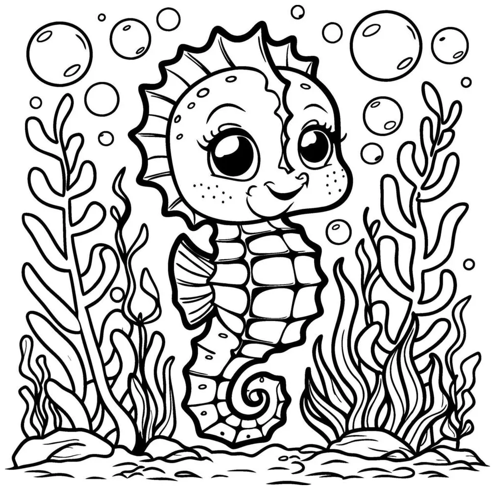 For kids. sea horse black and white. coloring