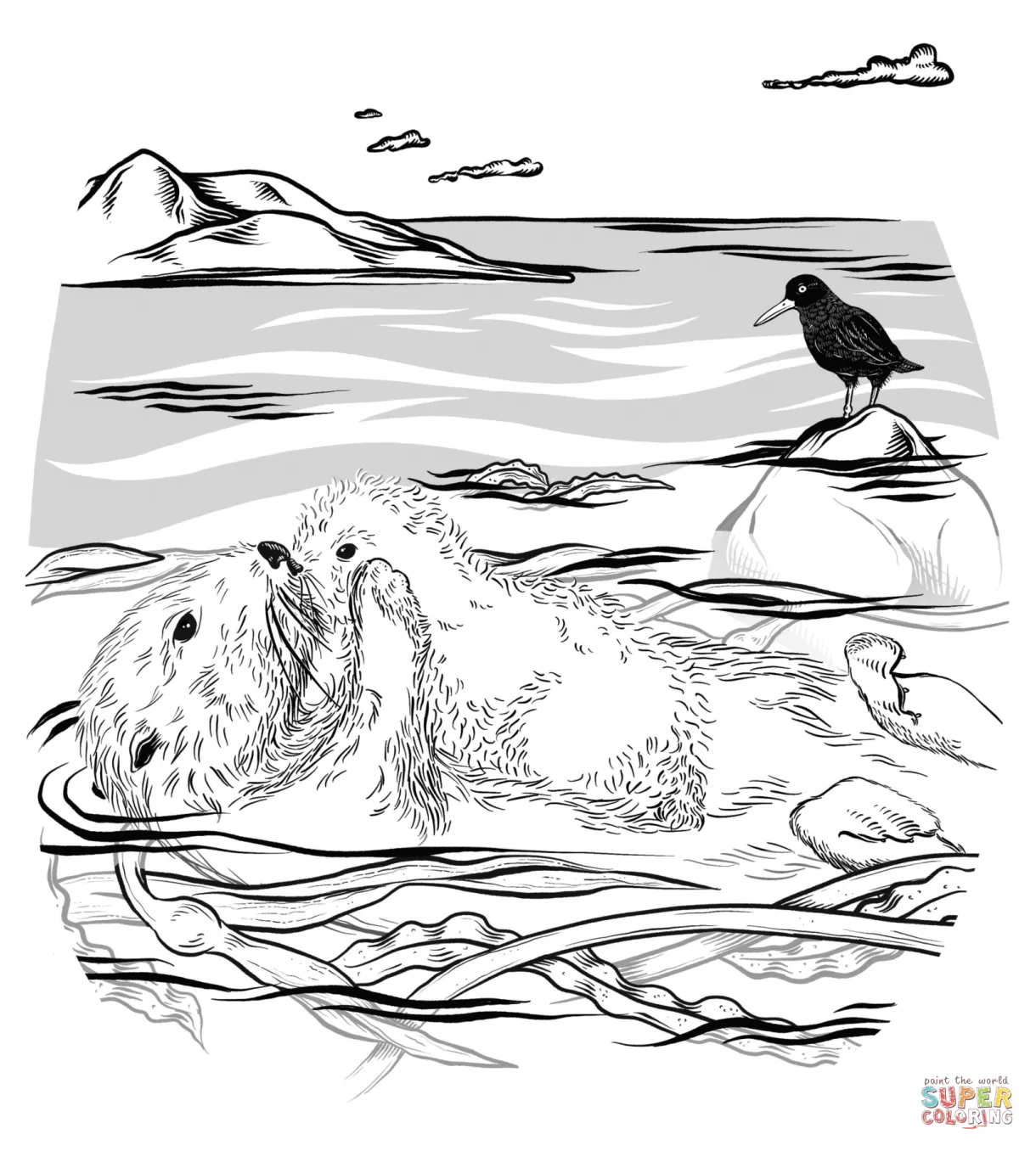 Sea otter with pup coloring page free printable coloring pages