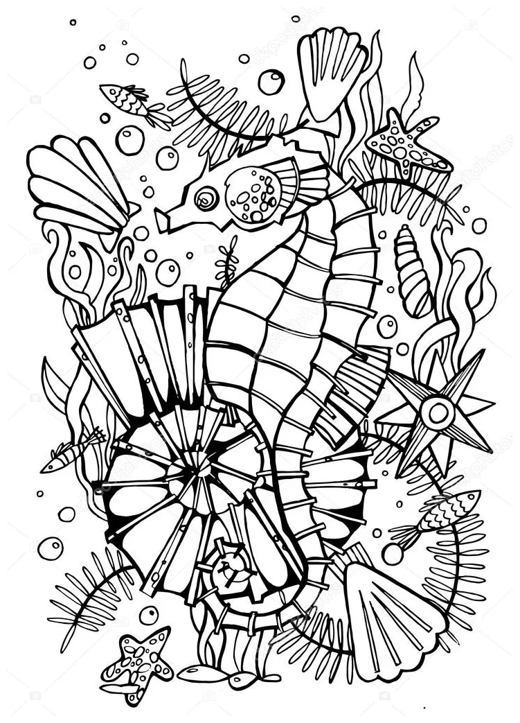 Hand drawn coloring page sea horse. — © asetrova #111796220
