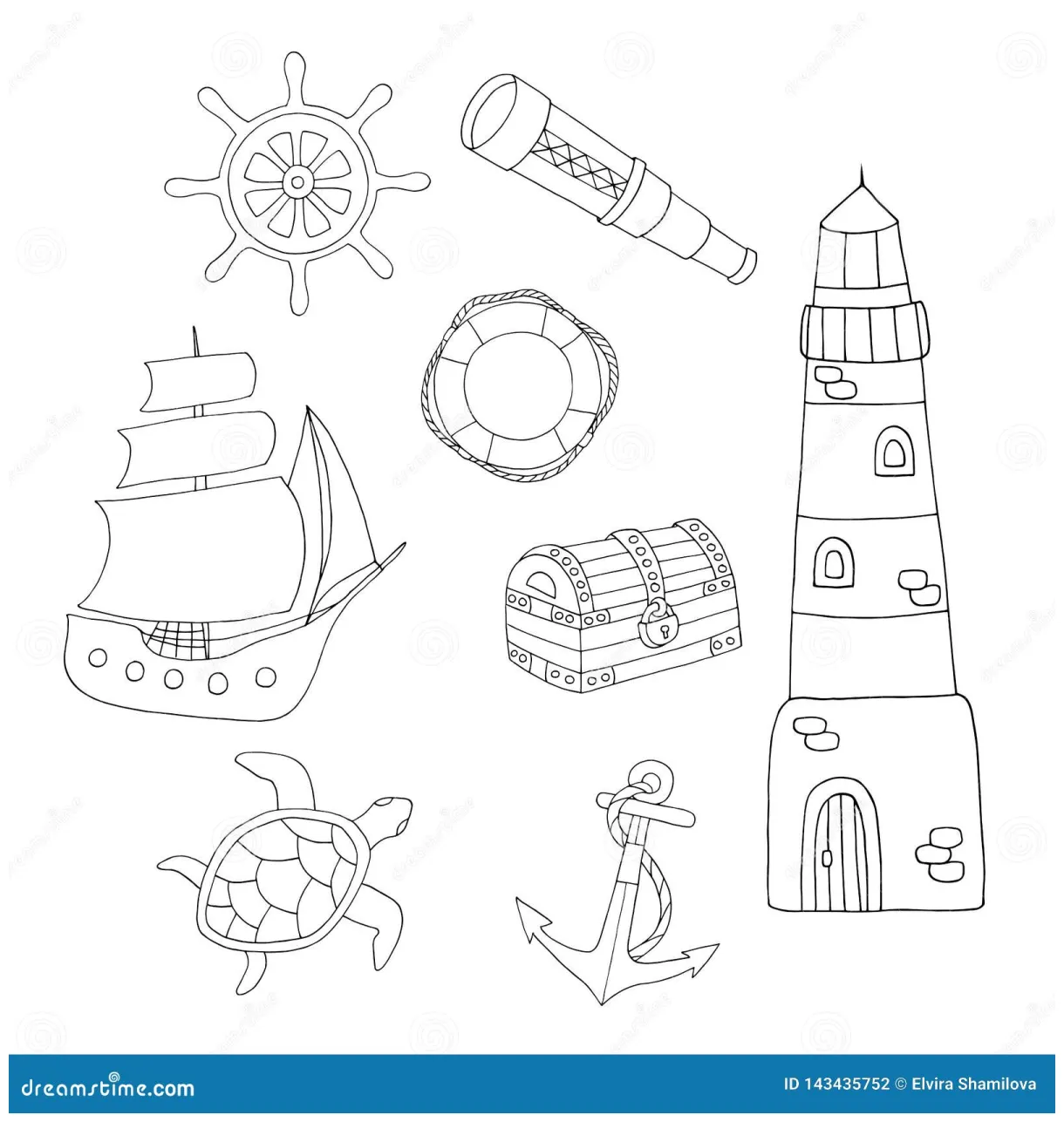 Coloring page with sea set stock illustration. illustration of