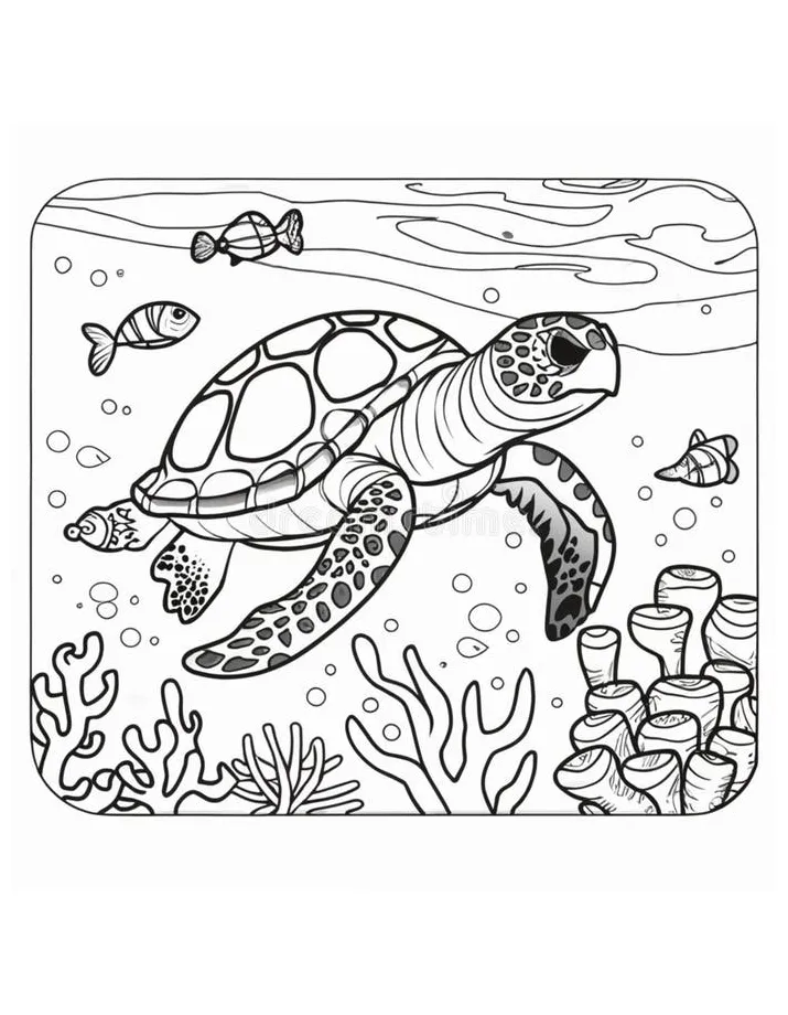 Coloring Book for Kids Sea Turtle Swimming in Water Stock Illustration