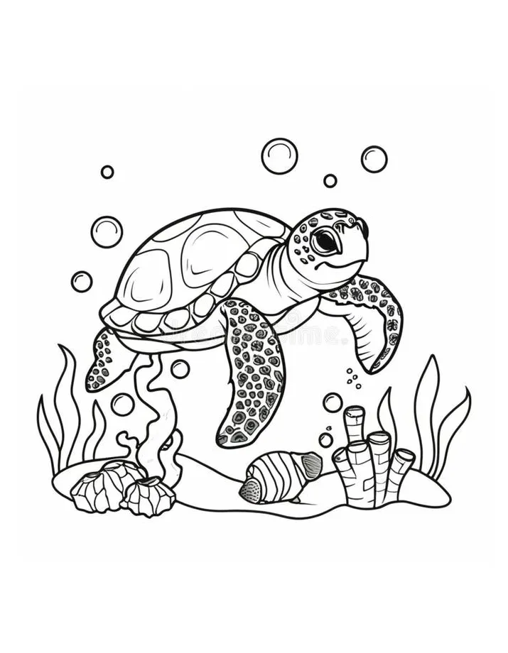 Coloring Book for Kids Sea Turtle Swimming in Water Stock Illustration