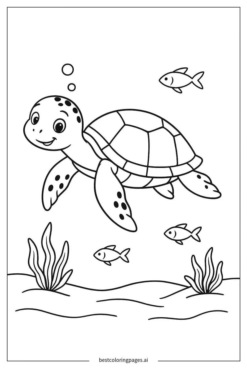 Sea Turtle Swimming with Fishes Coloring Page - Free Printable