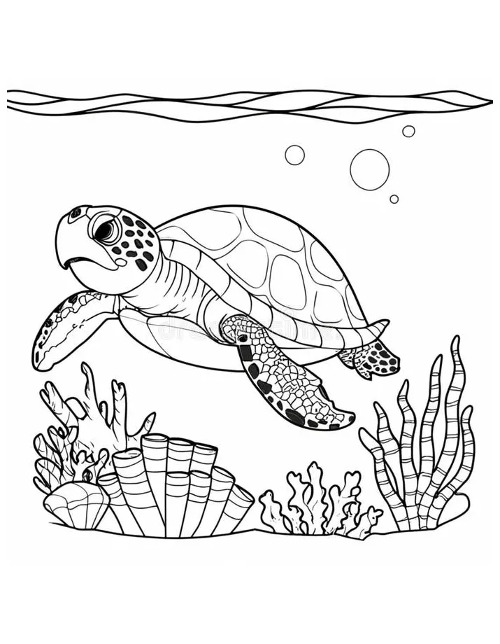 Coloring Book for Kids Sea Turtle Swimming in Water Stock Illustration