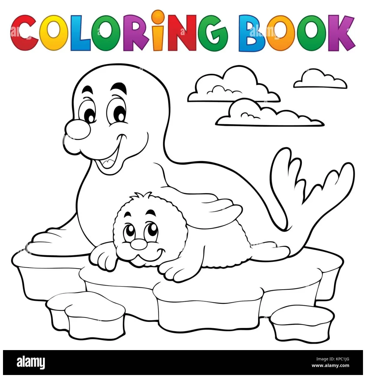 Coloring book happy seal with pup alamy