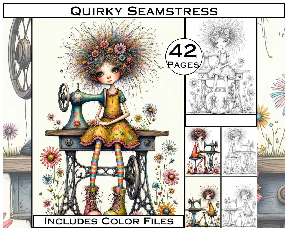 Quirky seamstress coloring book sewing machine clipart digital