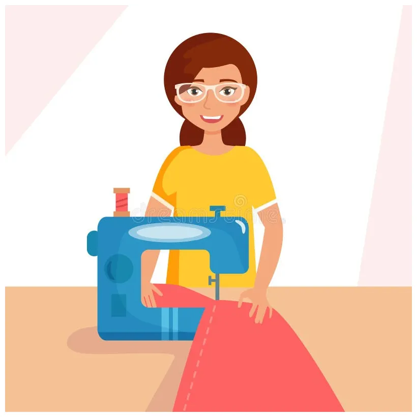 Woman seamstress using her sewing machine. coloring book page stock