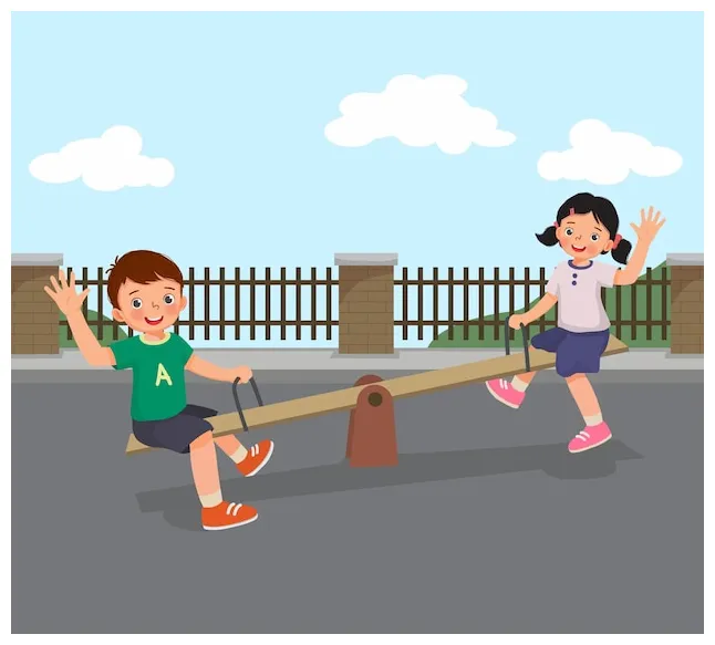 Premium vector happy little boy and girl kids playing swinging on