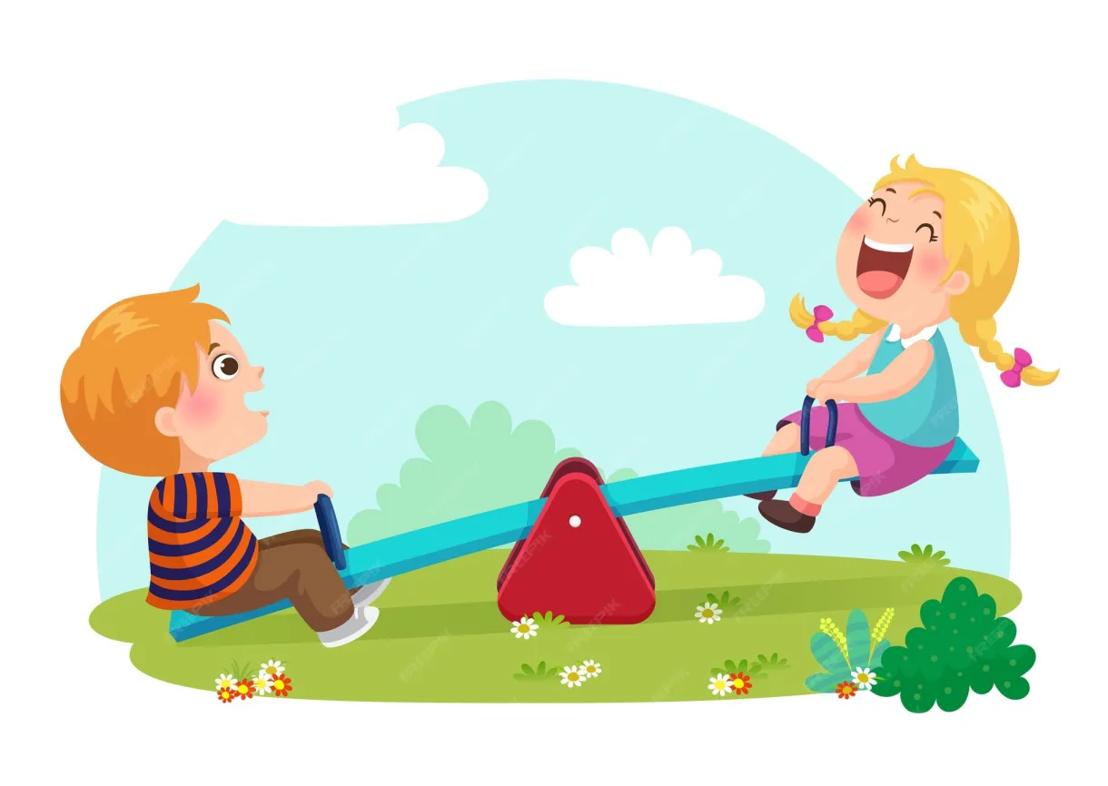 Premium vector illustration of cute kids having fun on seesaw at