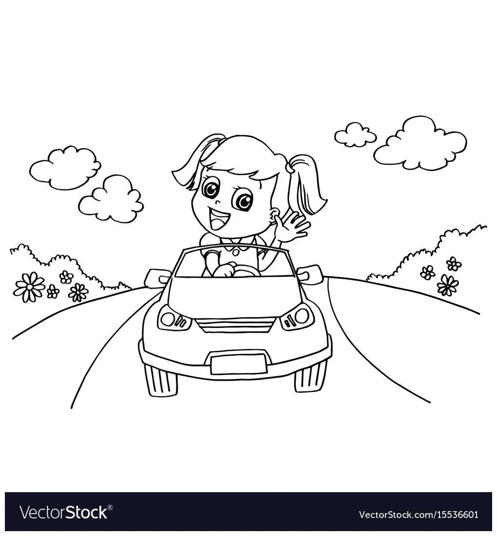 Little girl driving a toy car coloring page vector