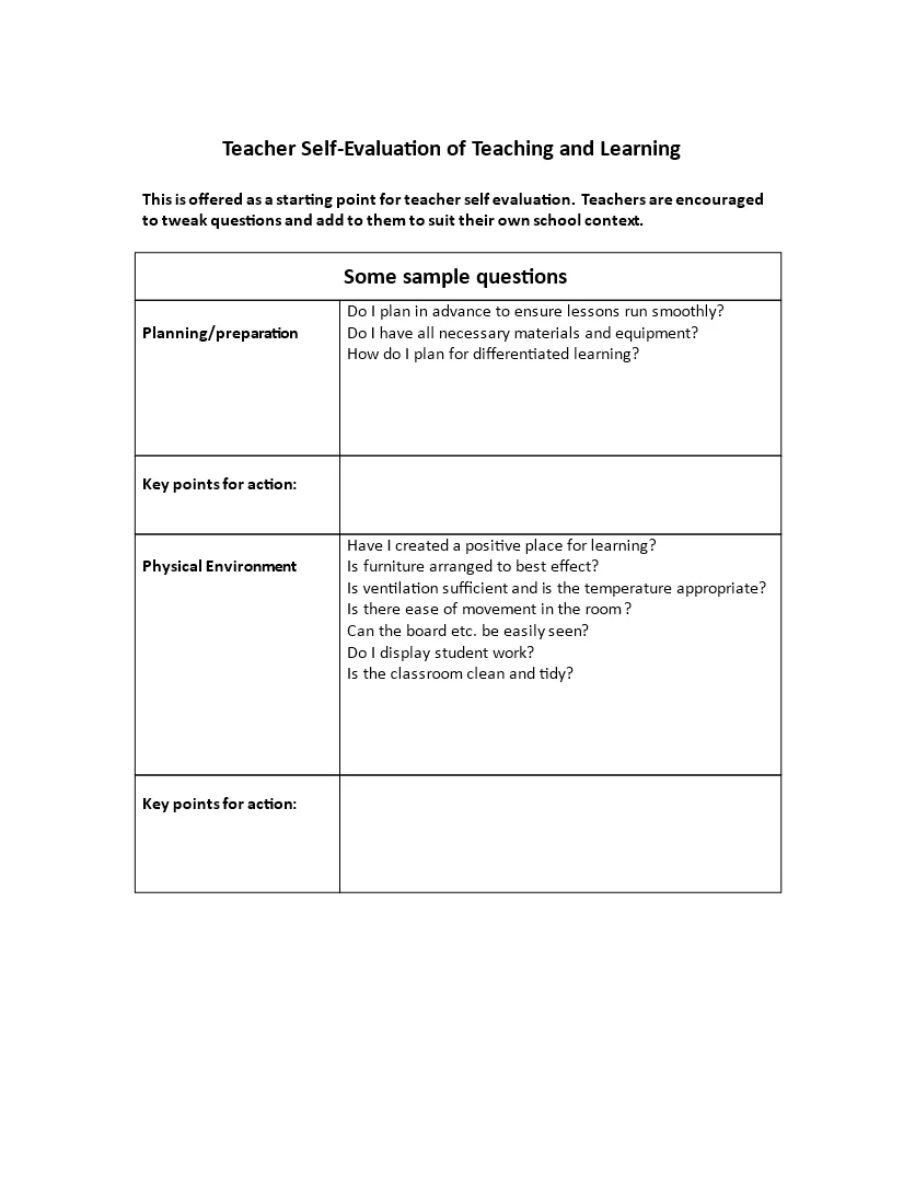 Teacher self evaluation sample
