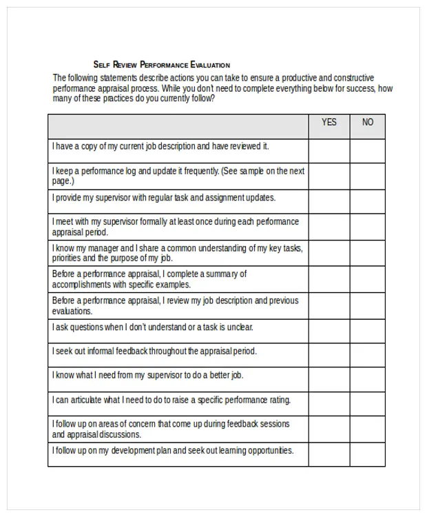 Performance self evaluation template